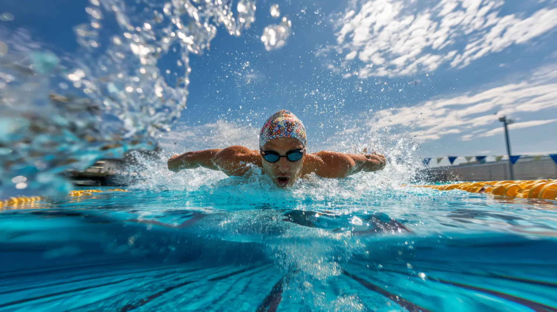 Ein sportlicher Schwimmer im Schmetterlings Stil schwimmt im Freibad auf einer Sportbahn
