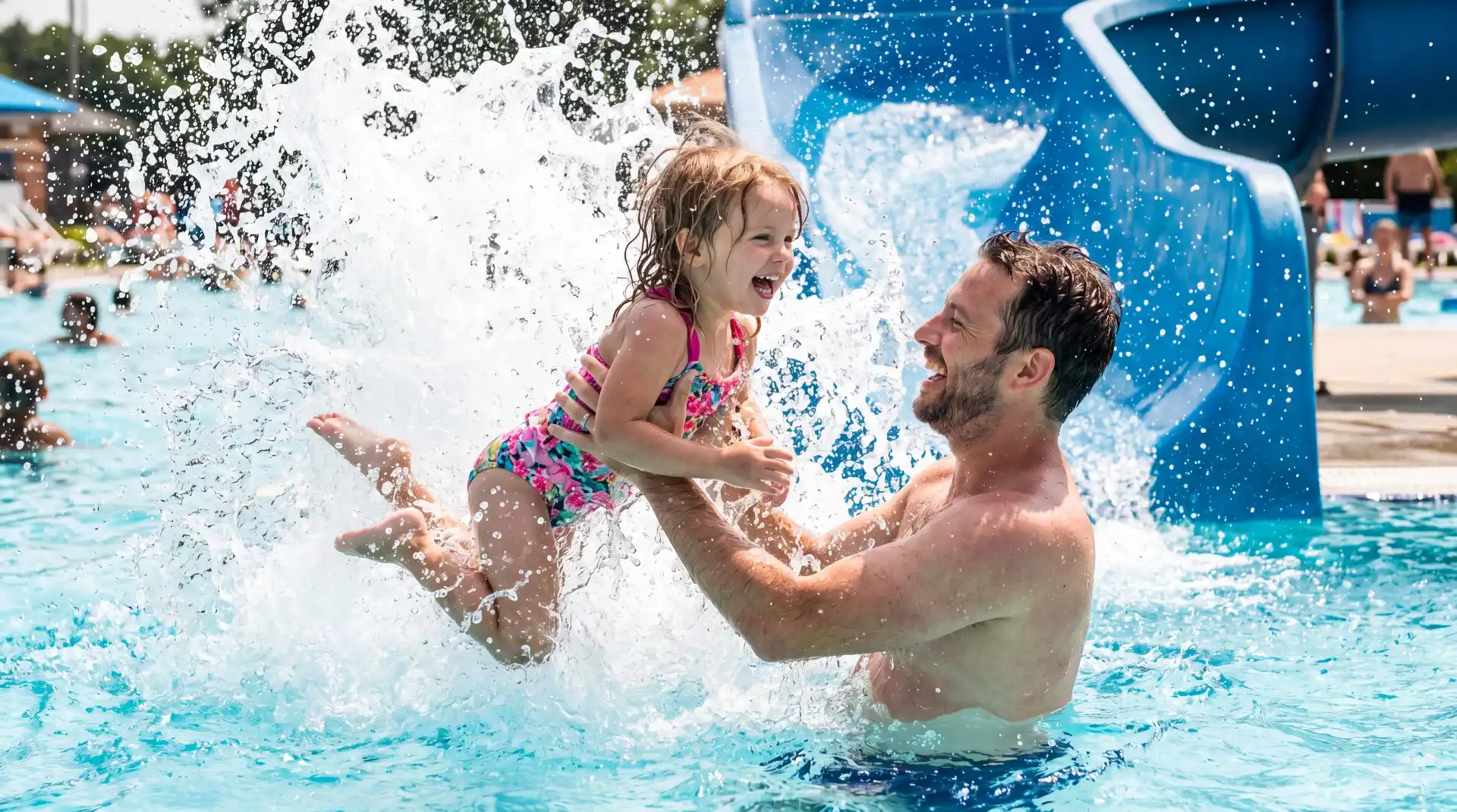 Ein Vater spielt mit seinem Kind in einem Freibad vor einer Wasserrutsche im Hintergrund