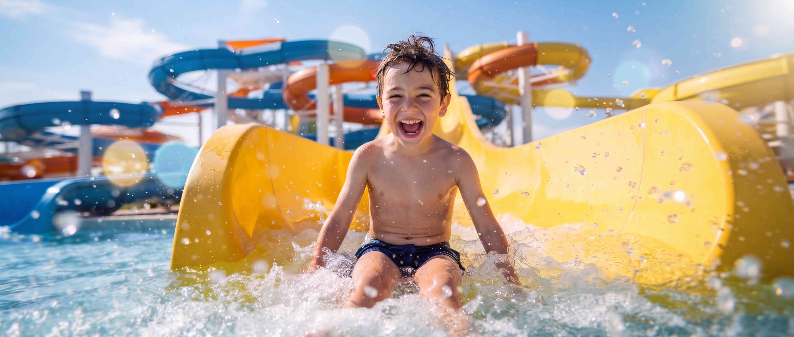 Ein fröhlicher Junge auf einer gelben Wasserrutsche im Freibad
