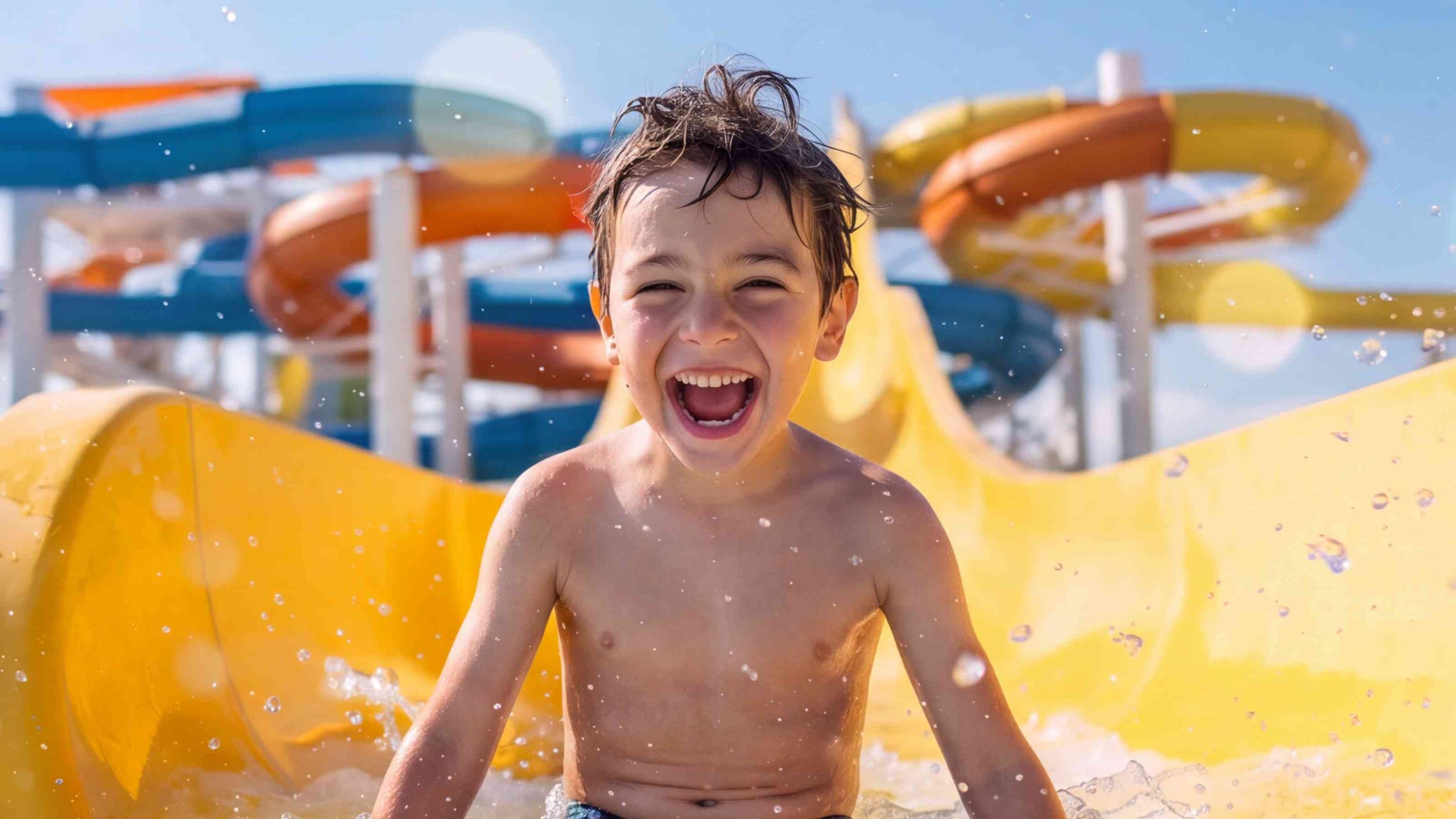 Lachender Junge auf einer gelben Wasserrutsche