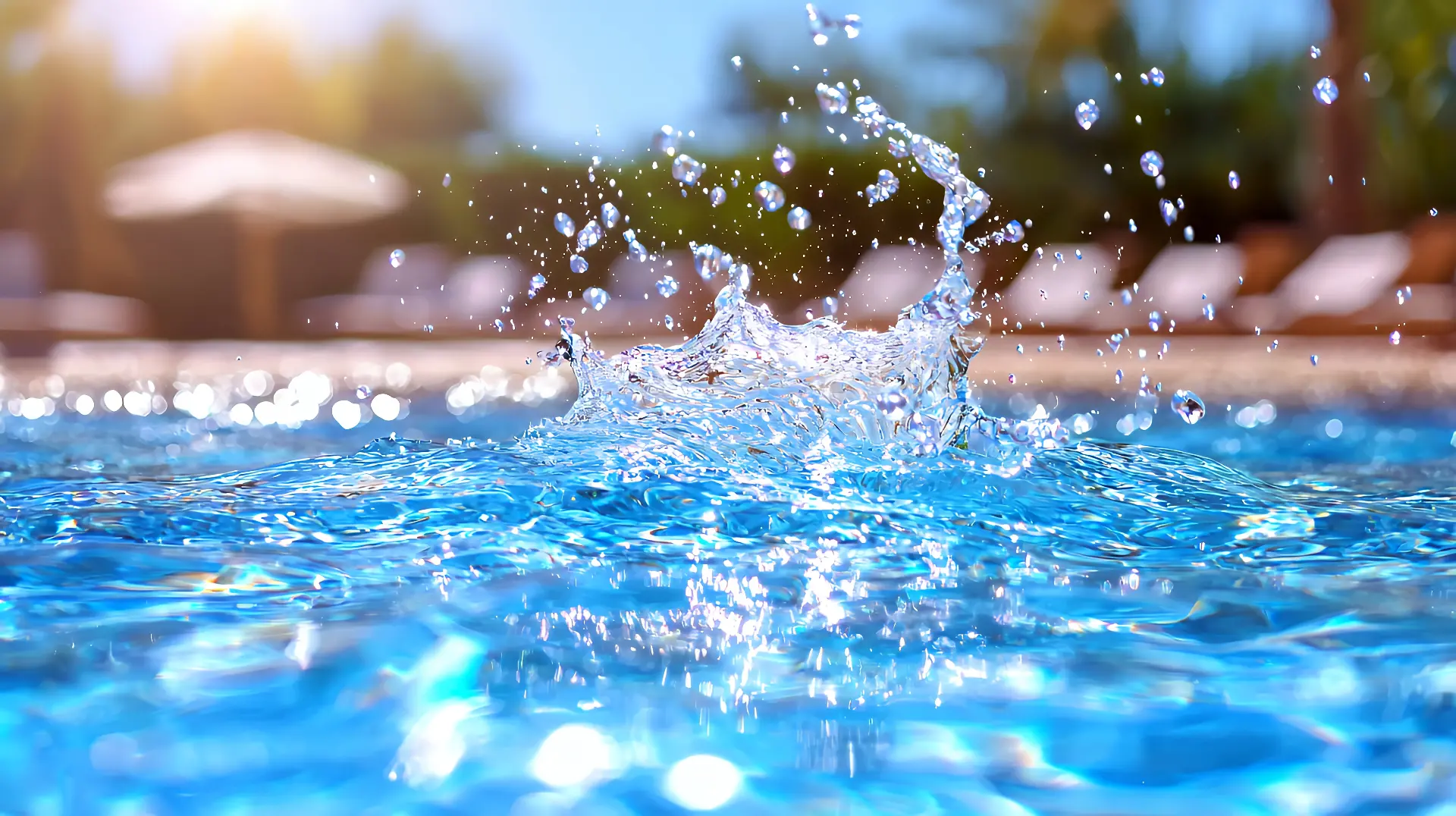 Ein Spritzer auf der Wasseroberfläche eines Freibadbeckens mit Ligestühlen im Hintergrund
